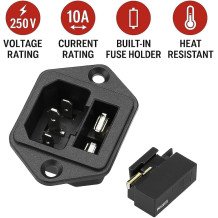 IEC320 C14 Male Power Socket with Fuse, 3-Pin Panel Mount, Industrial Power Inlet Connector